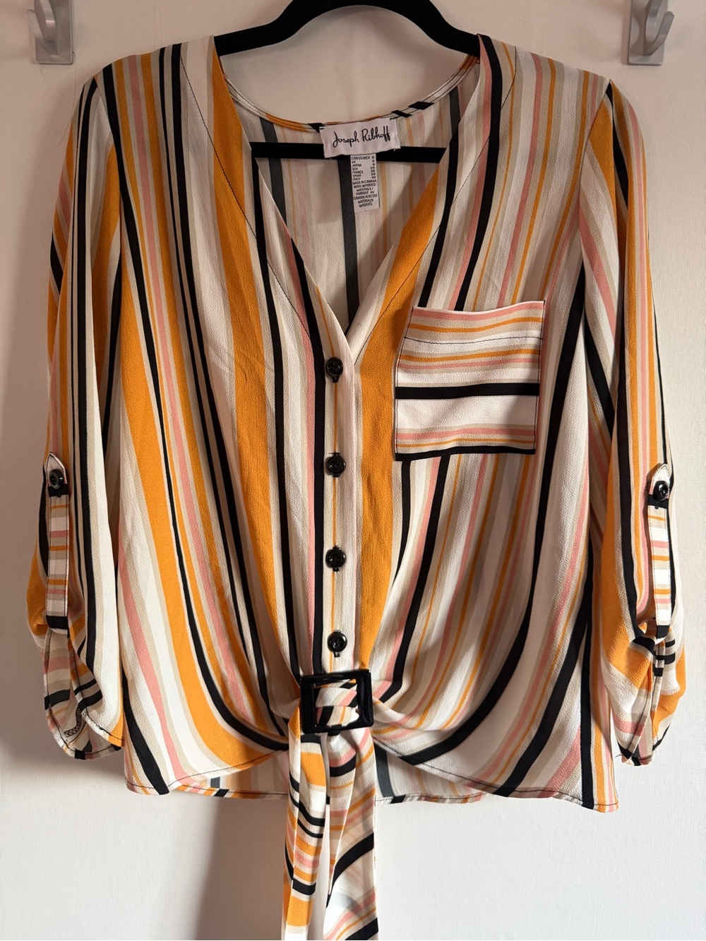Joseph Ribkoff Striped Tie Front Blouse Roll Tab Sleeve Career Top Size 6